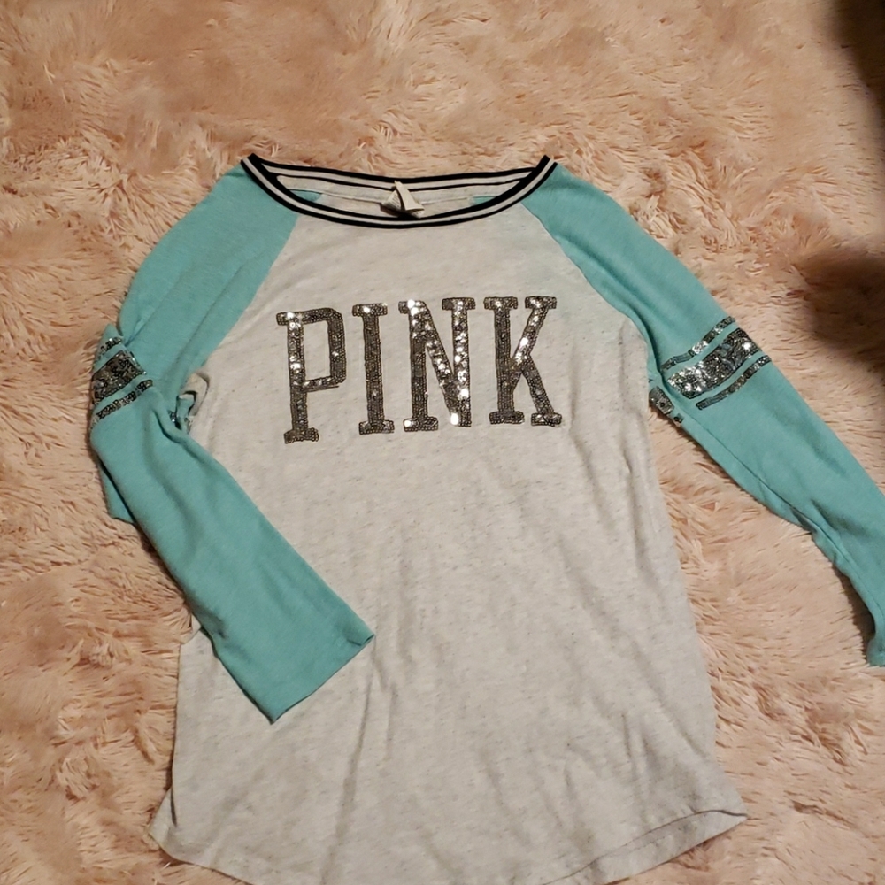 Teal and white pink sparkle shirt